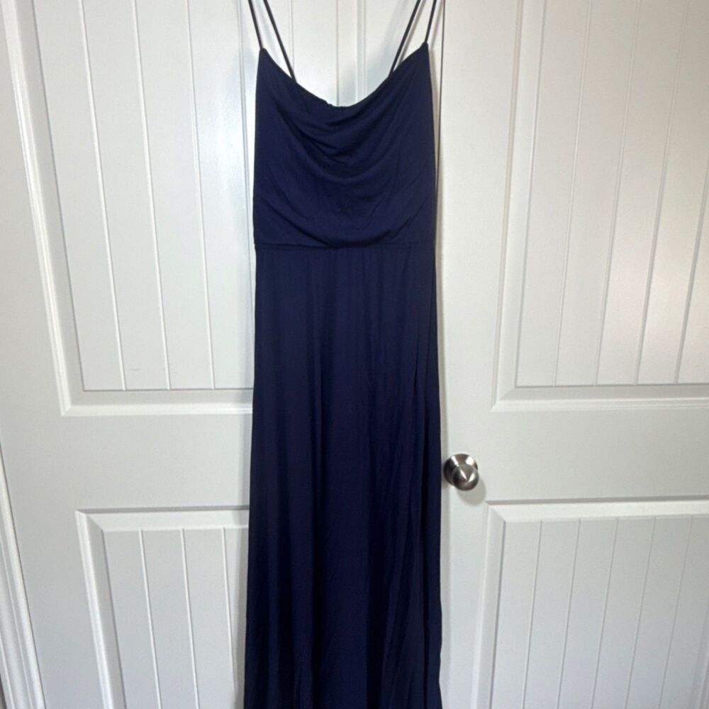Halara Navy Blue Strappy Maxi Dress Ruched Split Cowl Neck Drawstring Women's L